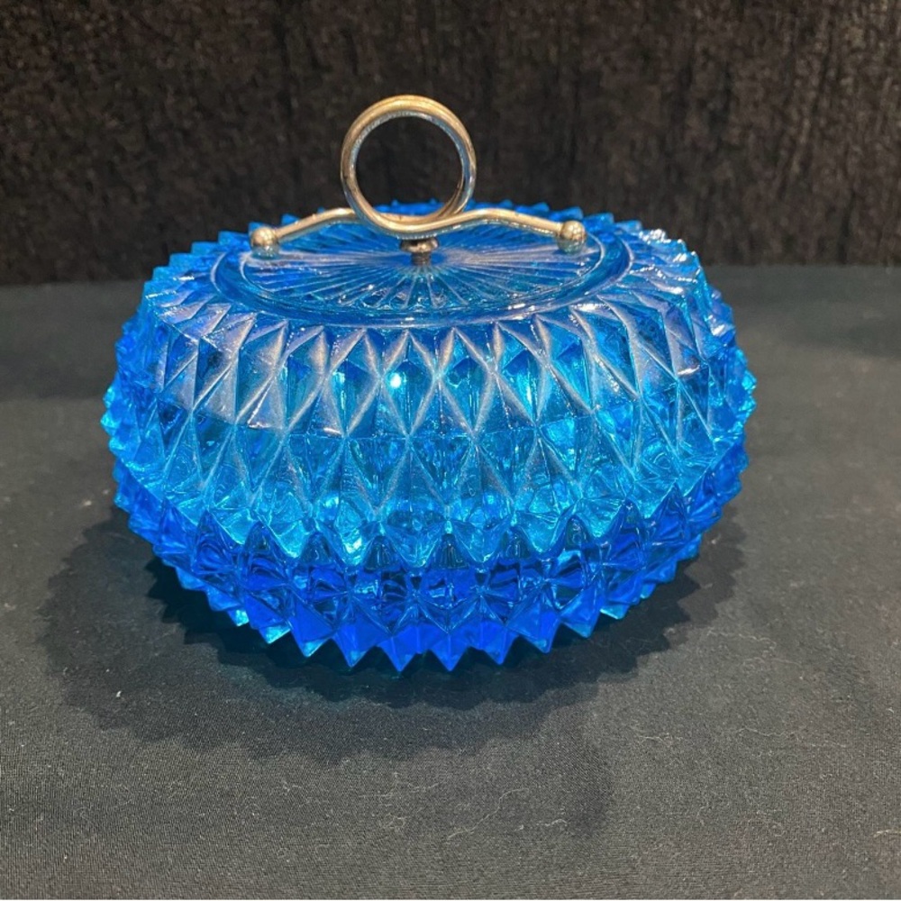 Blue Glass Trinket Box with Handle